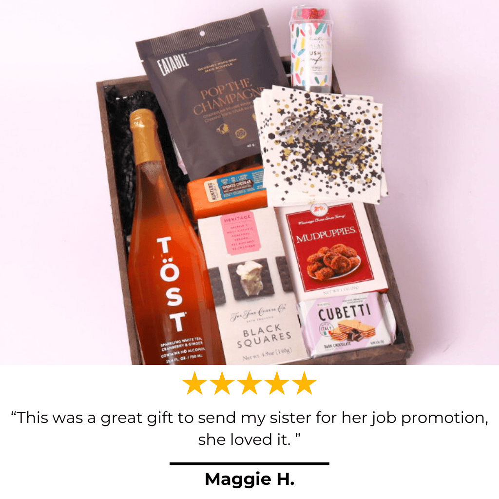 PNW gift baskets 5 star review for the cue the confetti snack and champagne gift basket says "this was a great gift to send my sister for her job promotion, she loved it.