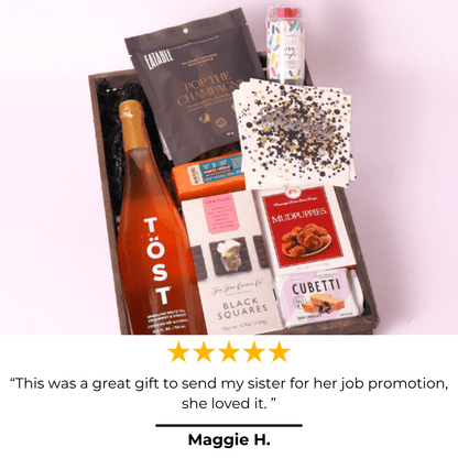 PNW gift baskets 5 star review for the cue the confetti snack and champagne gift basket says "this was a great gift to send my sister for her job promotion, she loved it.