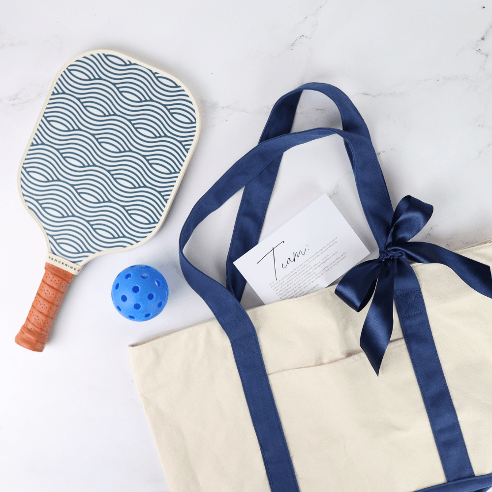 custom branded team ift of a picklbell set with matching tote bag and branded message card for trendy corporate gifting.