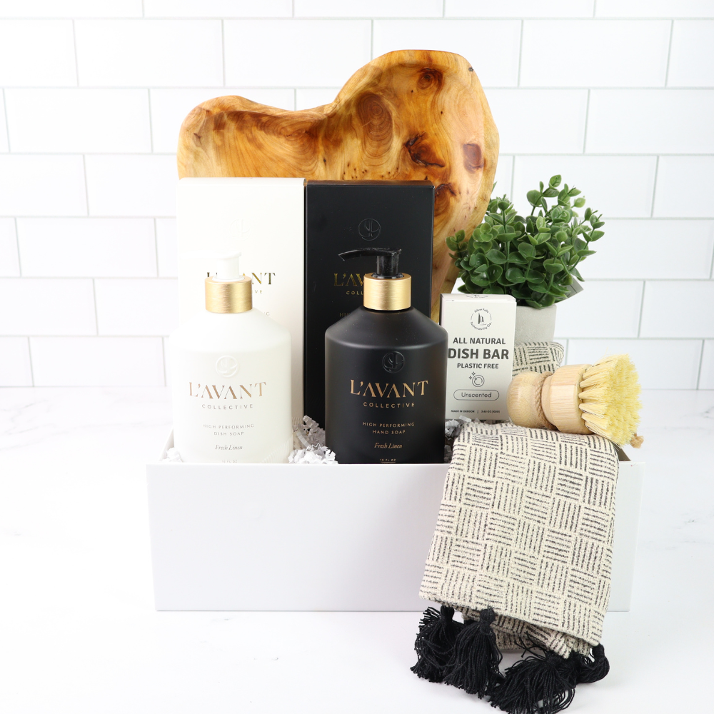Seattle real estate gift with premium home essentials including lavant hand soap, dish bar, towel, and wood tray