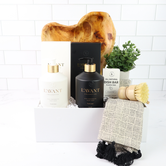 Seattle real estate gift with premium home essentials including lavant hand soap, dish bar, towel, and wood tray