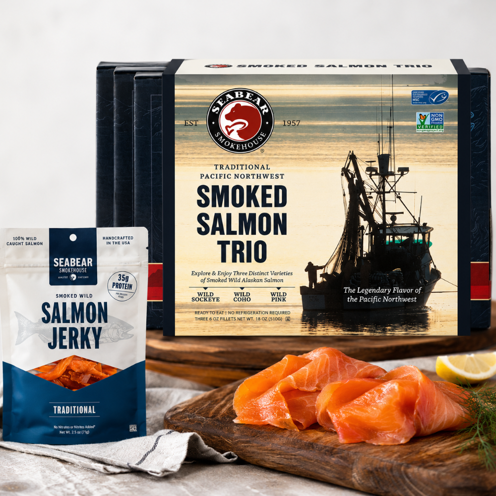 Smoked Salmon Trio and free salmon jerky special featuring premium Pacific Northwest seafood