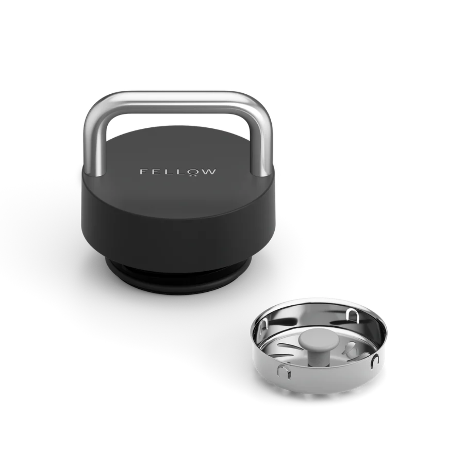 Black 20oz. water bottle lid with silver handle and 'Fellow' branding on a white background