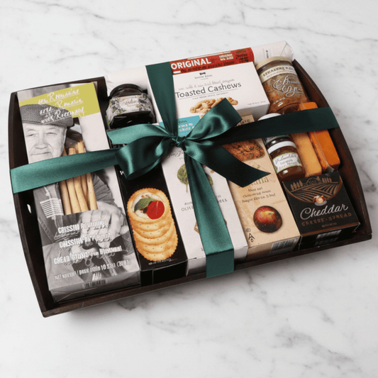 Gourmet Charcuterie Style Snack Tray featuring locally sourced snacks from Washington, including smoked muscles, uncured salami, huckleberry jam and toasted cashews—perfect for corporate gifting, holiday celebrations, or a unique housewarming gift basket.