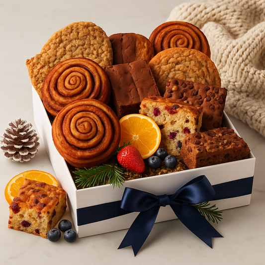 fresh baked goods gift box with locally made cinnamon rolls, brownies, cookies and biscotti