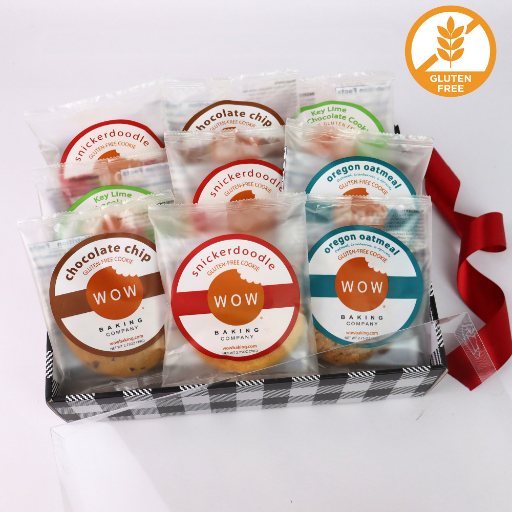Gluten free cookie gift tray featuring assorted WOW Baking Company cookies, certified gluten-free treats made in Washington state, individually wrapped and beautifully arranged for gifting