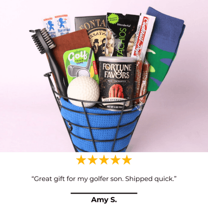 Golf gift basket with 5 star review that says "great gift for my golfer son.  shipped quick"