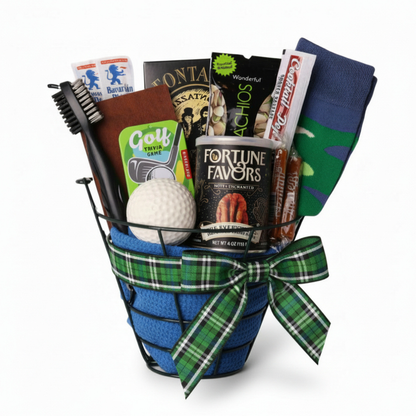 Gift basket with golf-themed items including a ball, socks, and snacks on a white background