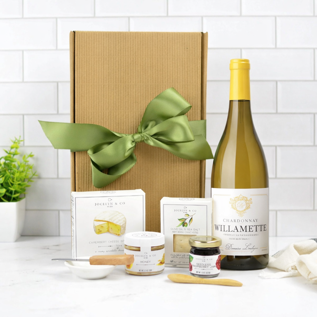 Chardonnay wine and cheese gift basket with artisan jam and crackers – Seattle delivery