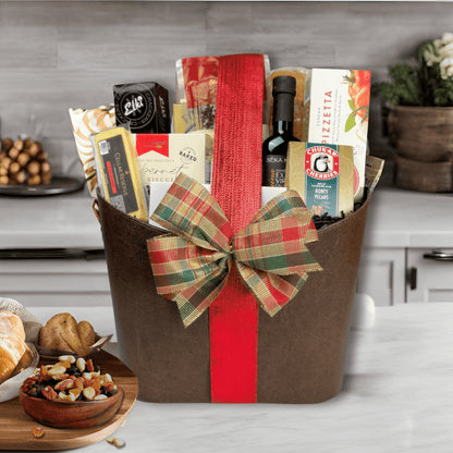 gourmet Italian themed gift basket with olive oil, French bread, pasta, cheese, crackers, wine  and cookies made in WA