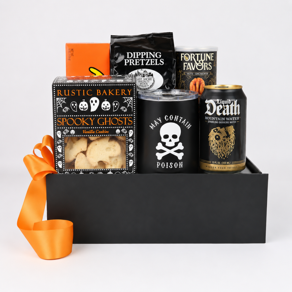 Halloween Boo Box with spooky ghost cookies, pretzels, Reese’s Pieces, gourmet nuts, Liquid Death water and black Halloween tumbler.