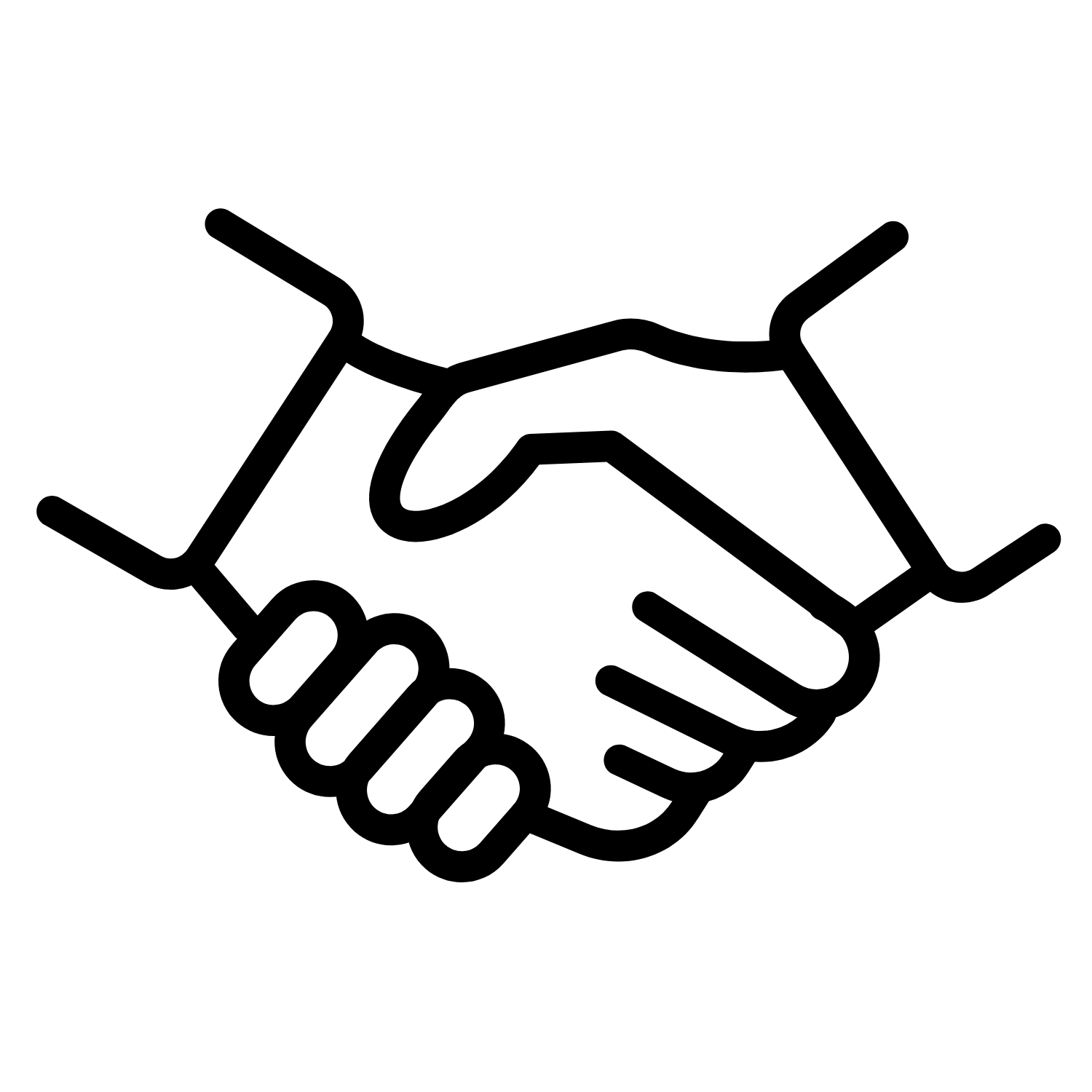 Black line drawing of two hands shaking on a white background