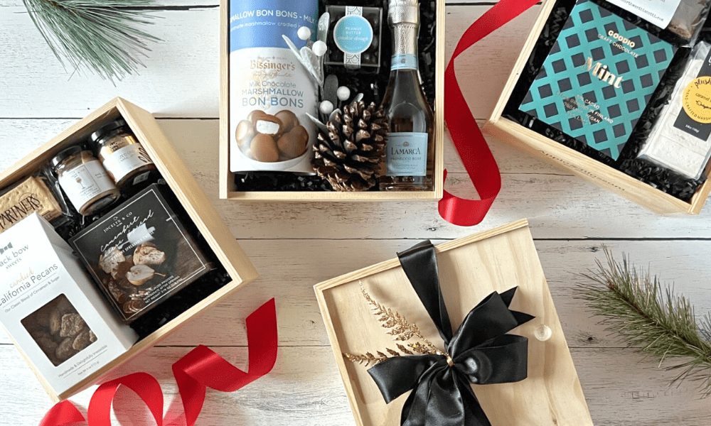 custom design holiday corporate gift boxes featuring snacks and wine made in washington