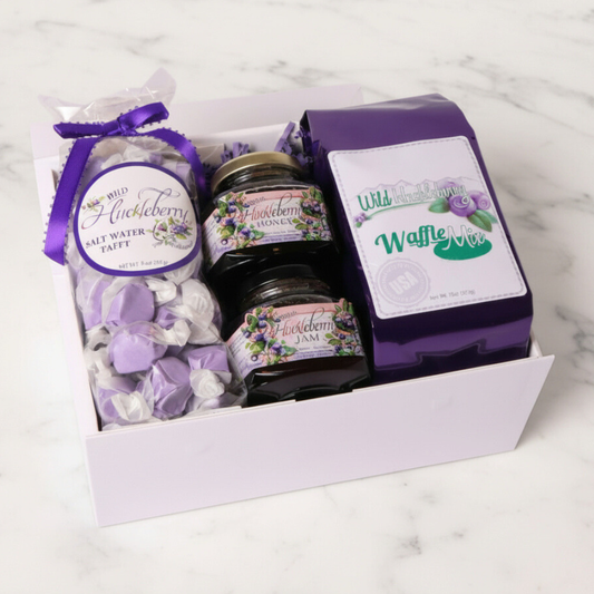 Washington Huckleberry Gourmet Gift Box – A beautifully curated gift featuring wild huckleberry jam, saltwater taffy, and waffle mix, elegantly packed in a signature gift box. Perfect for birthdays, thank-you gifts, and special occasions.