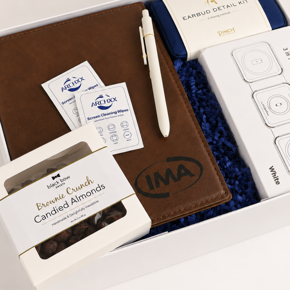 Corporate client appreciation gift with custom branding, thank-you card, and gourmet snack packaging