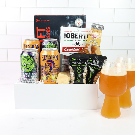 IPA gift basket with Seattle-made Elysian Brewing IPAs, Oberto pepperoni, Spiegelau glasses, and snacks.