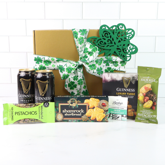 St Patrick’s Day gift boxes with green ribbon and Irish themed treats, Seattle gift boxes for holiday gifting and Washington gift delivery