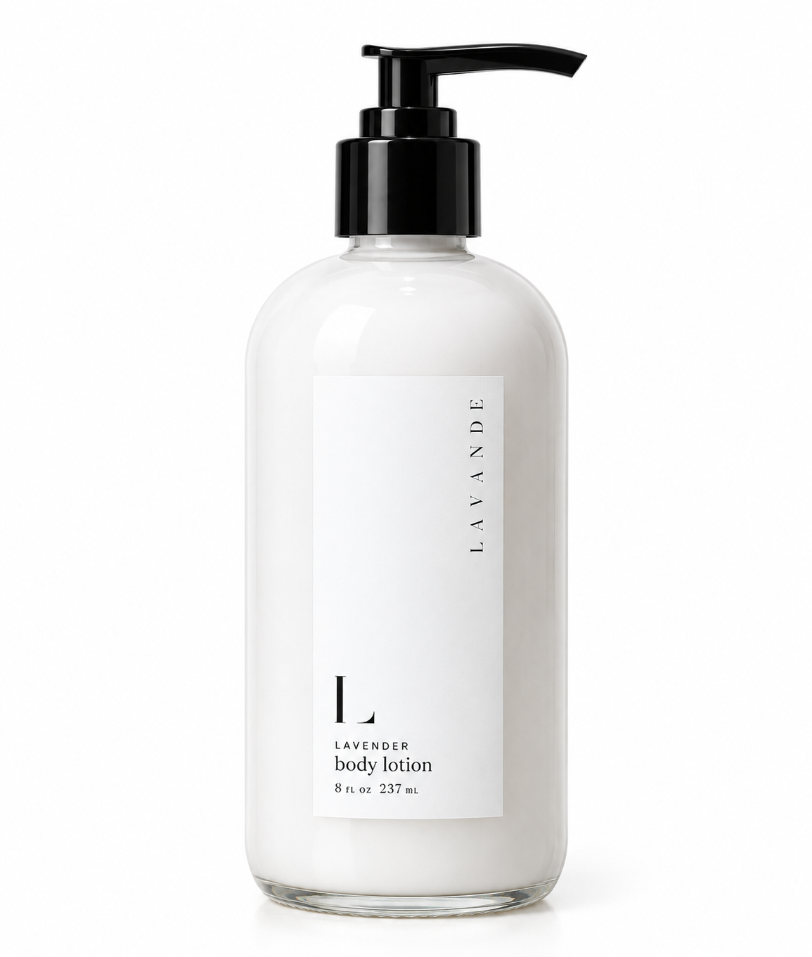 A clear plastic bottle of lavender body lotion with a black pump dispenser and a white label, set against a plain white background.