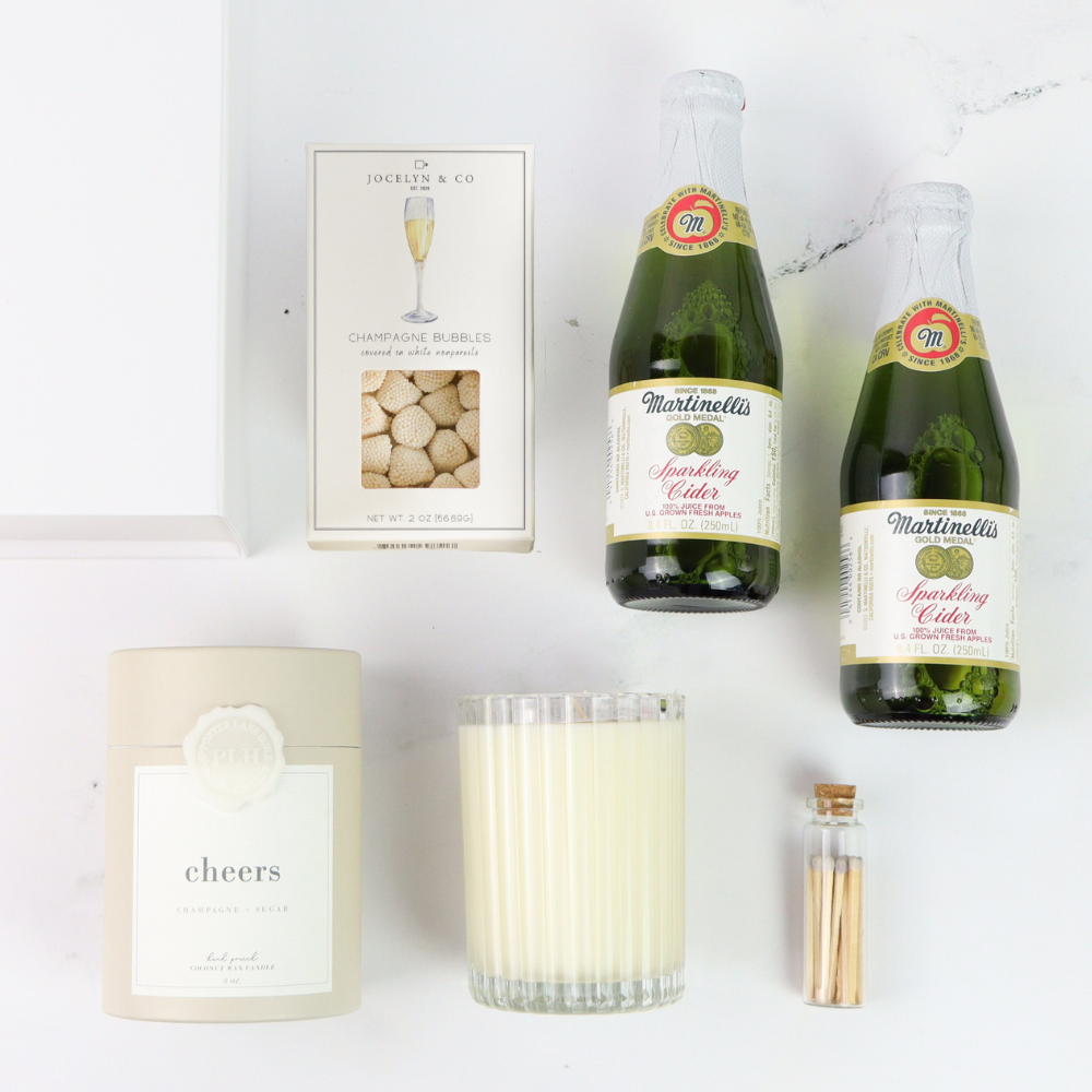 Seattle gift basket with Martinelli’s sparkling cider and celebration candles