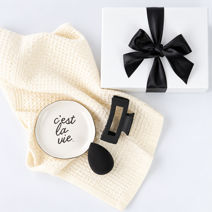 mini for her gift box with towel, trinket tray, hair clip and makeup sponge.