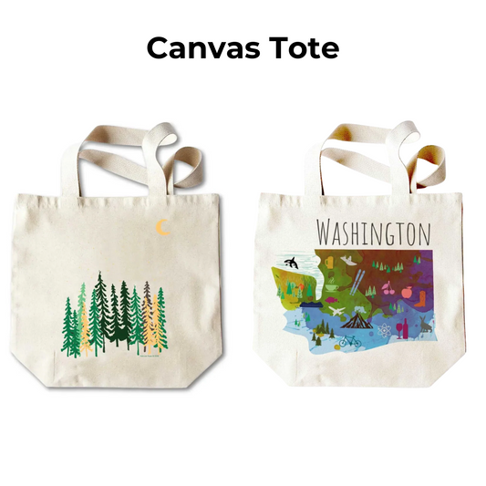 Washington canvas tote bag with Washington state and symbols of the pacific northwest region