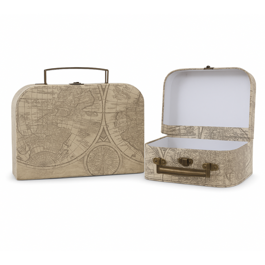 Two vintage-style suitcases with map design on a white background