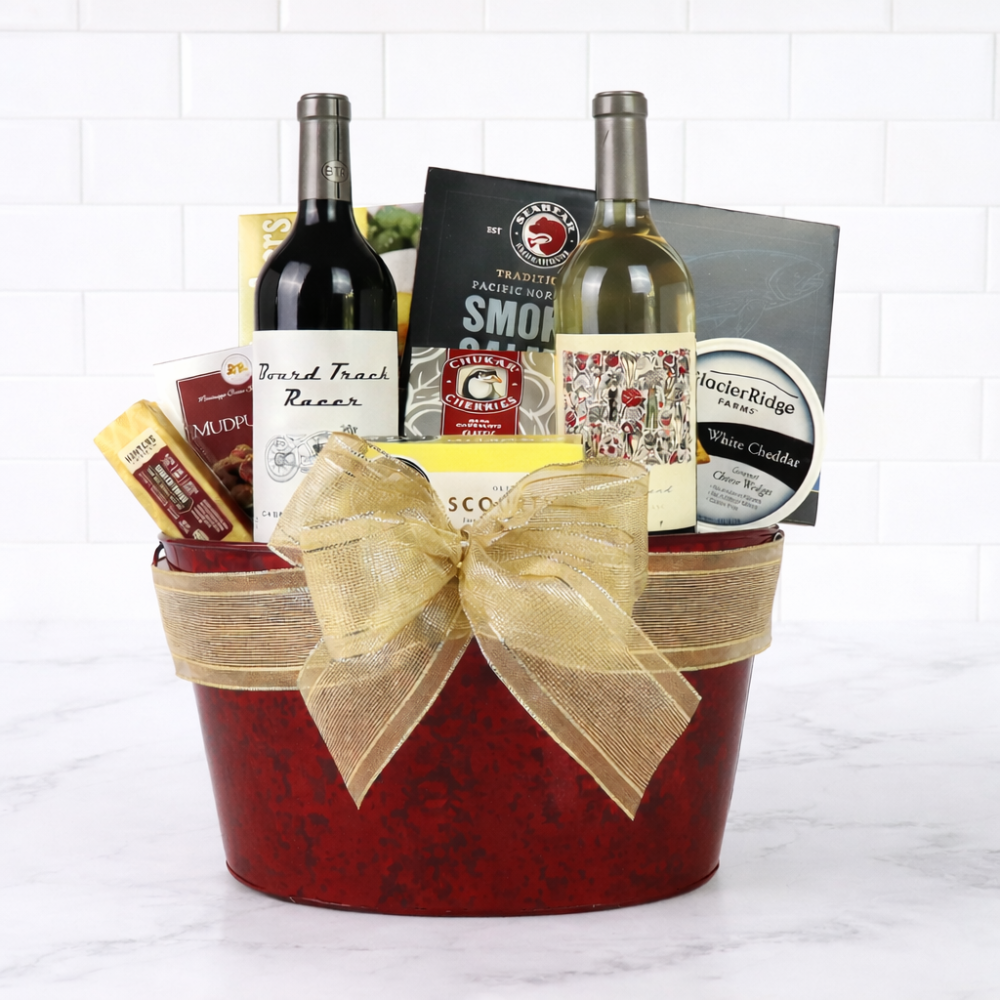 Gourmet gift tray featuring 2 Mark Ryan wines from Washington’s Columbia Valley, Vincent Red and Pinot Gris, paired with premium cheese, smoked salmon, nuts, and water crackers for a luxurious tasting experience.