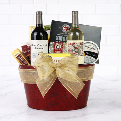 Gourmet gift tray featuring 2 Mark Ryan wines from Washington’s Columbia Valley, Vincent Red and Pinot Gris, paired with premium cheese, smoked salmon, nuts, and water crackers for a luxurious tasting experience.