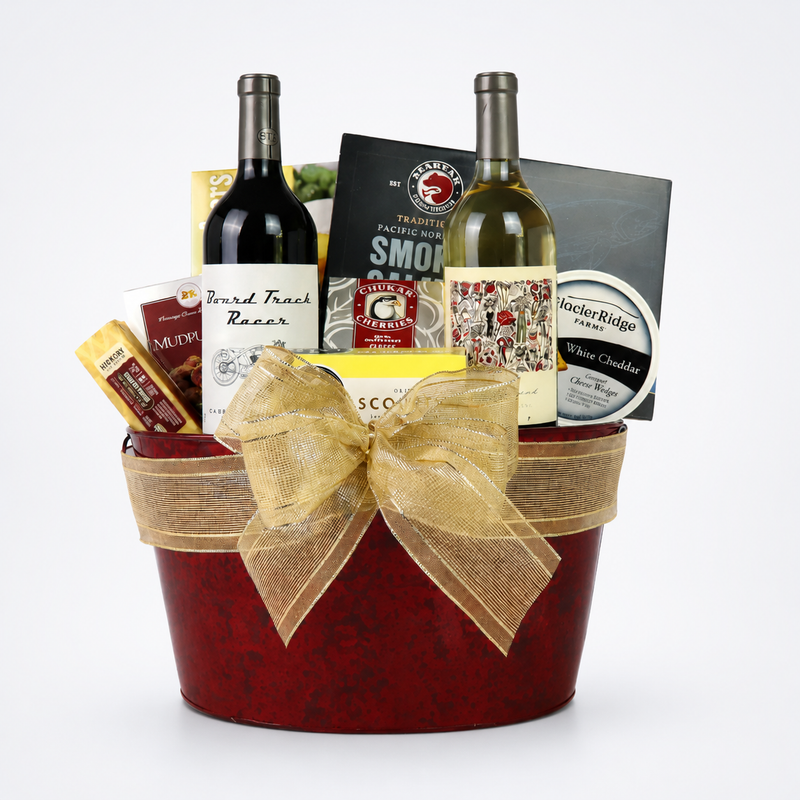 Gourmet gift tray featuring 2 Mark Ryan wines from Washington’s Columbia Valley, Vincent Red and Pinot Gris, paired with premium cheese, smoked salmon, nuts, and water crackers for a luxurious tasting experience.