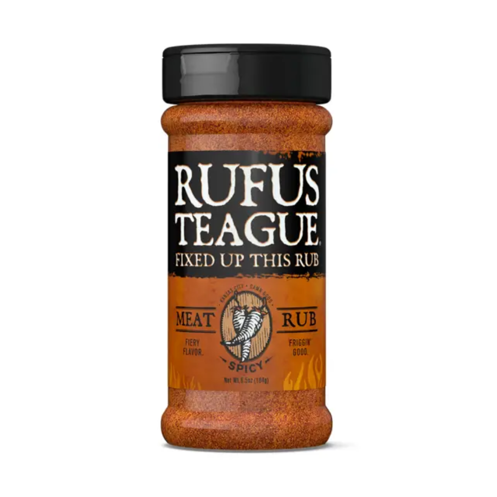 Jar of Rufus Teague meat rub on a white background