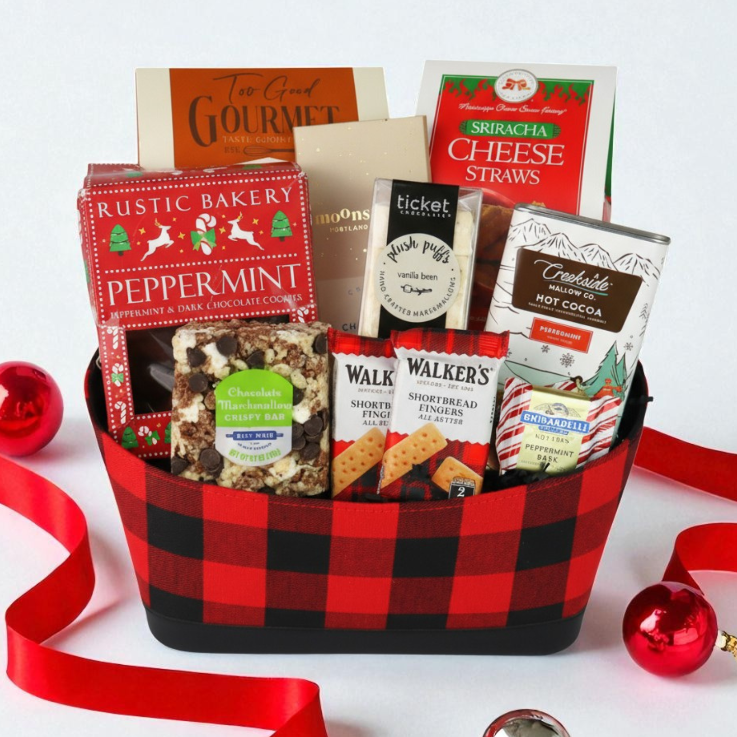 Holiday gift basket Merry and Bright with plaid container and gourmet snacks