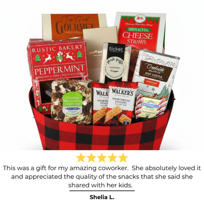 Merry and Bright holiday basket filled with cookies, cheese, and festive treats