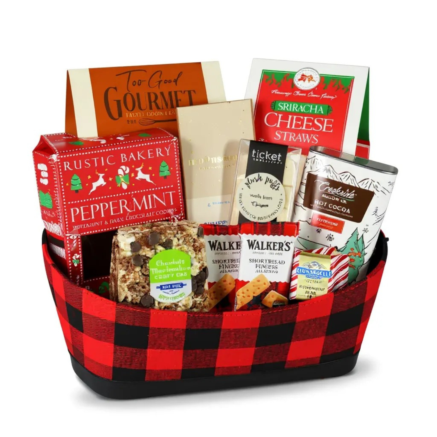 Red plaid holiday gift basket with chocolates, crackers, and seasonal goodies