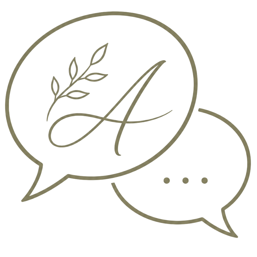 Luxury olive green script-style chat/message icon for a premium gifting brand, minimalist line art with elegant flowing curves and subtle botanical accents, modern feminine aesthetic, monochrome #838263 color on white background.