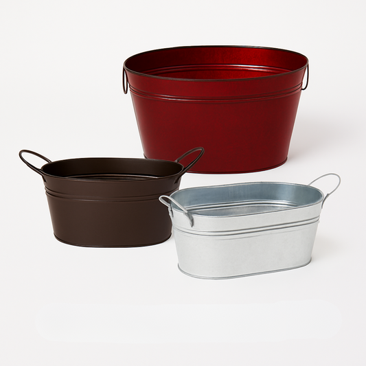 Three empty upright metal containers in red, brown, and galvanized silver for building custom gift baskets.