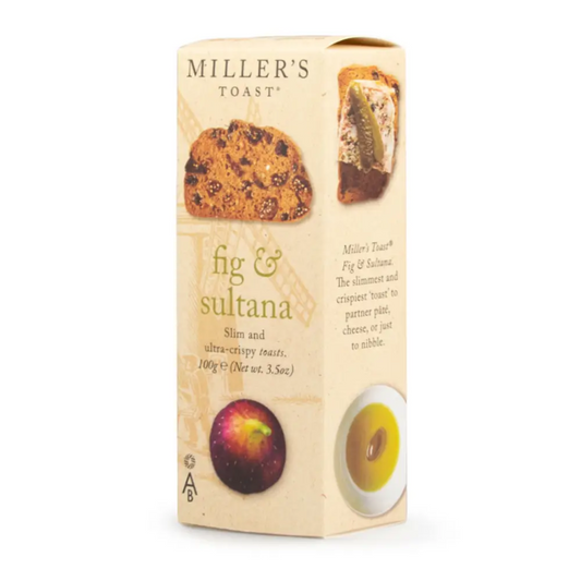 Box of Miller's Toast Fig & Sultana on a white background