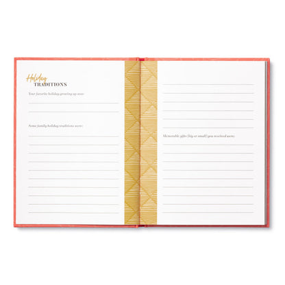 Elegant coral interview book with gold embossed title, created to capture a mother’s personal stories, life lessons, and cherished memories.