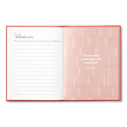 Guided keepsake journal for mothers featuring reflective prompts to record life stories, childhood memories, and meaningful advice for future generations.