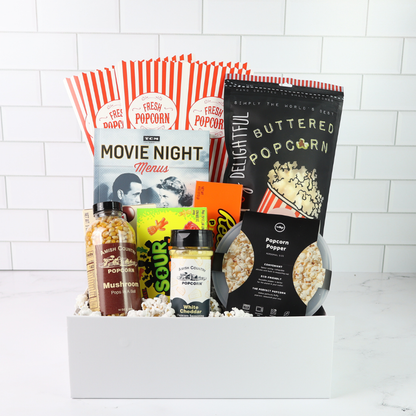 Seattle-inspired movie night gift box featuring gourmet popcorn, candy, and snacks, perfect for family nights or couples in the Pacific Northwest.