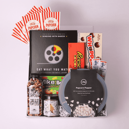 Luxury movie night gift basket for couples or families, crafted in the Pacific Northwest and filled with locally sourced treats and popcorn.