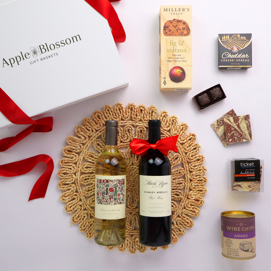 Northwest Elegance wine gift box featuring Columbia valley Mark Ryan wine, wine chips, cheese, crackers, and chocolates.