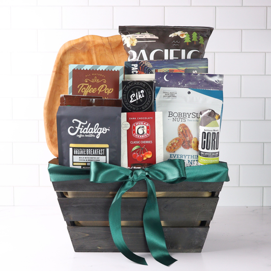 best of the northwest gift basket with seattle snacks, smoked salmon, pacific popcorn, coro salami, chukar cherries and hand carved serving tray