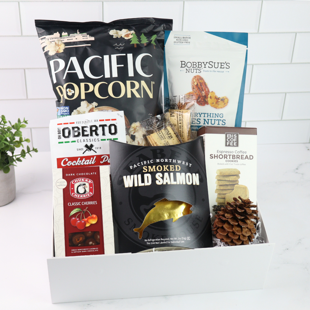 pacific snack surprise gift bx with locally made pacific northwest snacks and treats.  Local delivery in Seattle and made in Washington gift baskets.