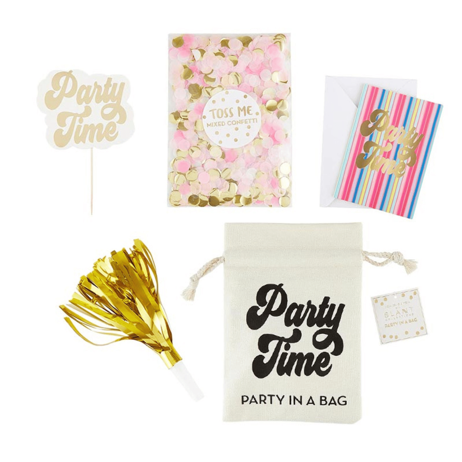 Each party in a bag includes mini cake topper, 1 bag of confetti, 1 mini greeting card, and 1 noisemaker.