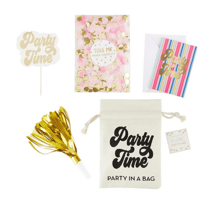 Each party in a bag includes mini cake topper, 1 bag of confetti, 1 mini greeting card, and 1 noisemaker.