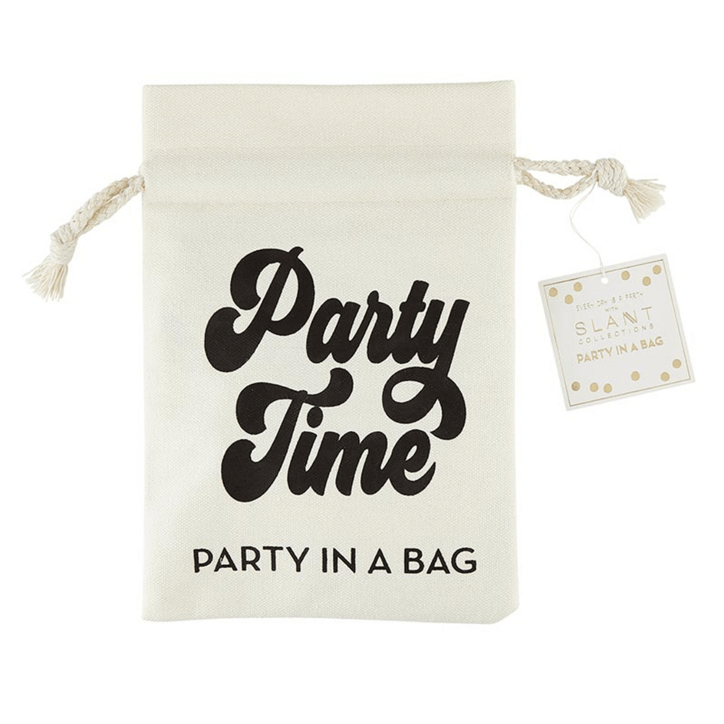 party in a bag, party time canvas birthday gift includes mini cake topper, 1 bag of confetti, 1 mini greeting card, and 1 noisemaker.