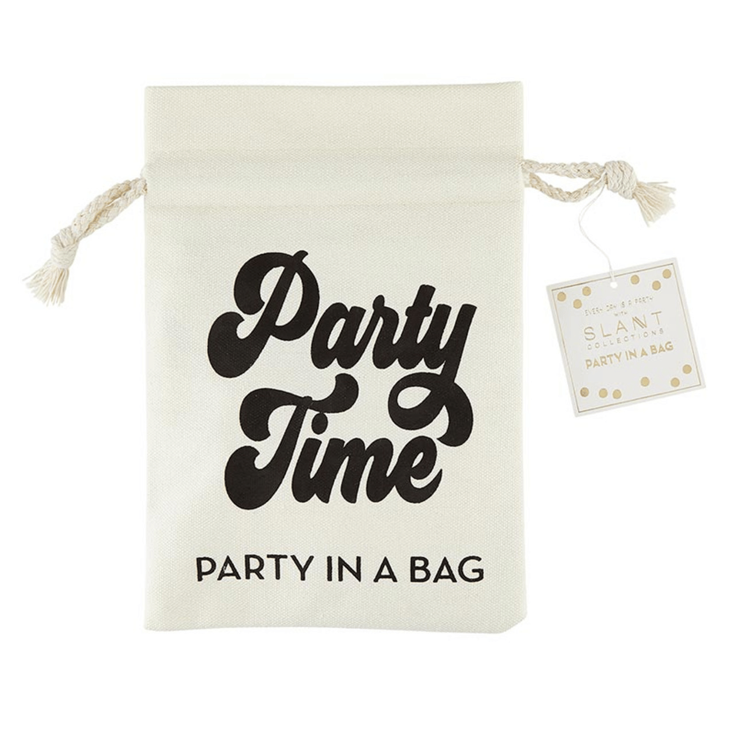 party in a bag, party time canvas birthday gift includes mini cake topper, 1 bag of confetti, 1 mini greeting card, and 1 noisemaker.