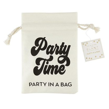 party in a bag, party time canvas birthday gift includes mini cake topper, 1 bag of confetti, 1 mini greeting card, and 1 noisemaker.