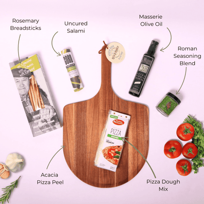 A beautifully arranged Italian-themed luxury gift basket on a wooden pizza peel, featuring premium olive oil, grissini breadsticks, gourmet pizza dough mix, and Italian seasonings—perfect for a high-end realtor gift, closing gift, or family pizza night.