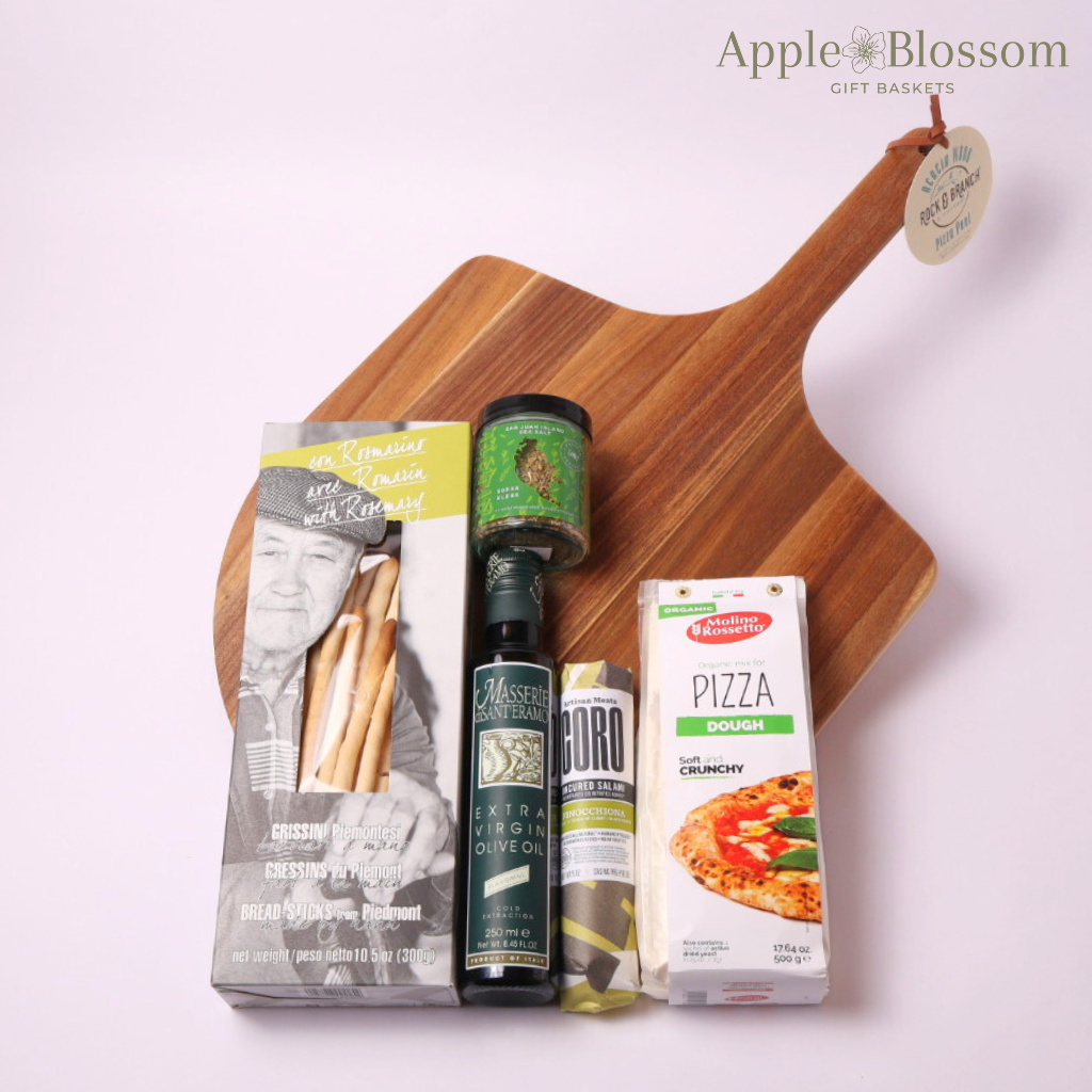 A high-end Italian gift basket for pizza lovers, including gourmet olive oil, premium pizza dough, and savory breadsticks—ideal for a family gift, retirement gift, or business gift.